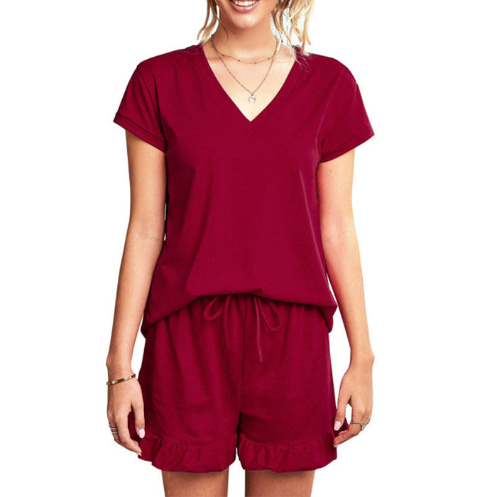 Color-Burgundy-Spring Summer Women Clothing Women Short-sleeved V-neck Top Shorts Home Two-piece Suit Cozy-Fancey Boutique