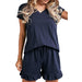 Color-Navy Blue-Spring Summer Women Clothing Women Short-sleeved V-neck Top Shorts Home Two-piece Suit Cozy-Fancey Boutique