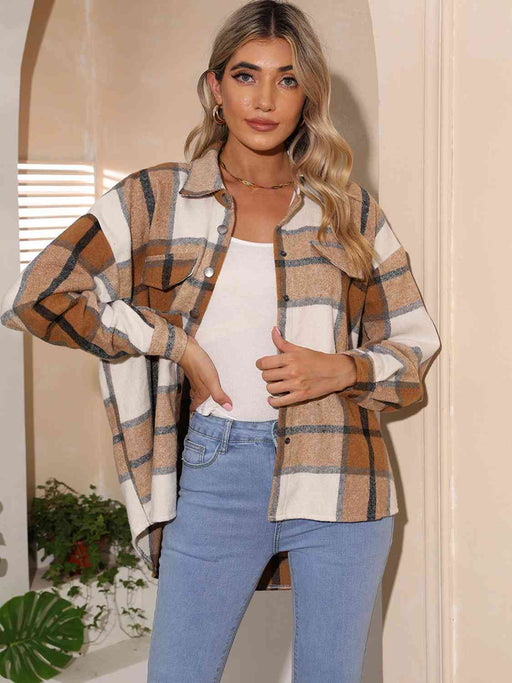 Color-S-Plaid Collared Neck Button Down Jacket-Fancey Boutique