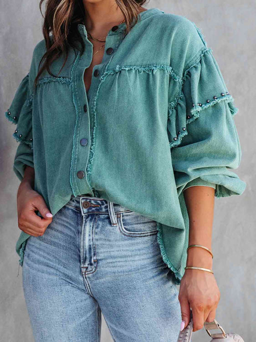 Color-S-Button Down Raw Hem Denim Jacket-Fancey Boutique