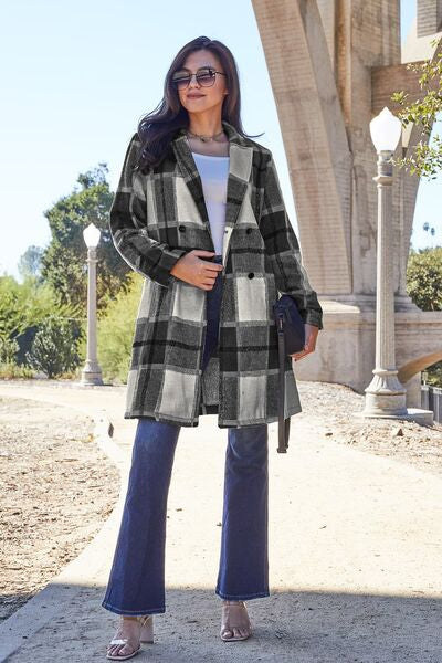 Color-S-Double Take Full Size Plaid Button Up Lapel Collar Coat-Fancey Boutique