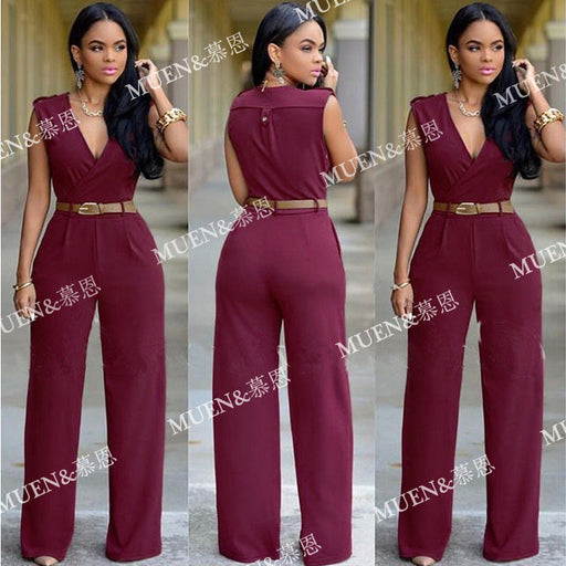 Color-Wine Red-Women Clothing High Waist V neck Wide Leg Irregular Asymmetric One Piece Pant Belt Jumpsuit-Fancey Boutique