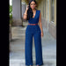 Color-Navy Blue-Women Clothing High Waist V neck Wide Leg Irregular Asymmetric One Piece Pant Belt Jumpsuit-Fancey Boutique