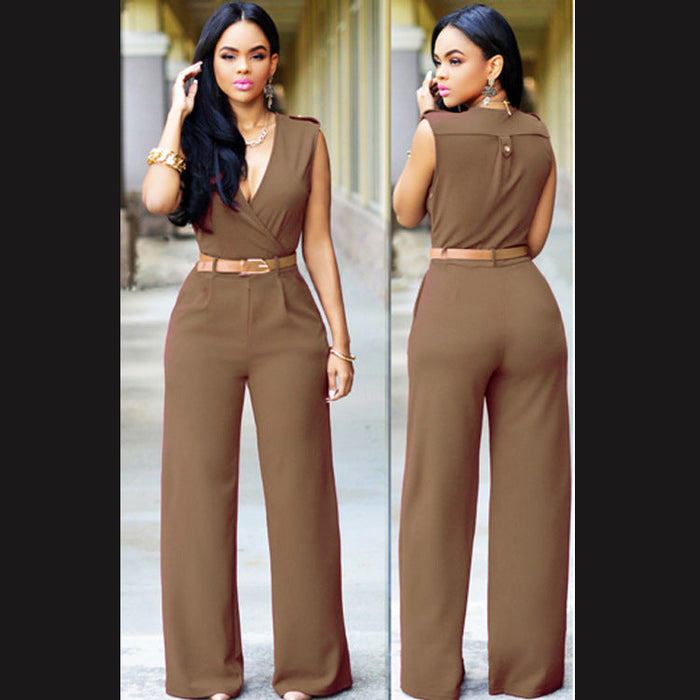 Color-Khaki-Women Clothing High Waist V neck Wide Leg Irregular Asymmetric One Piece Pant Belt Jumpsuit-Fancey Boutique