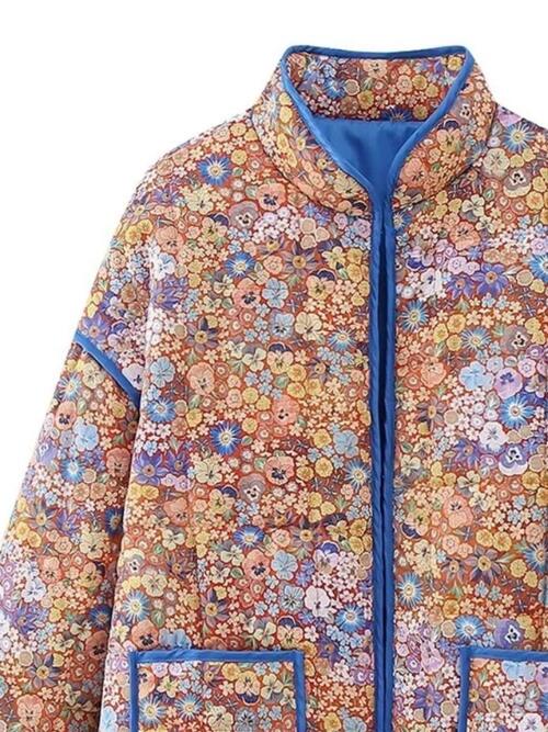 Color-Floral Open Front Puffer Jacket with Pockets-Fancey Boutique
