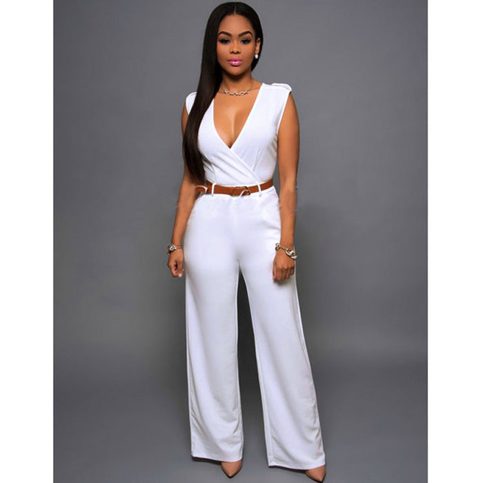 Color-White-Women Clothing High Waist V neck Wide Leg Irregular Asymmetric One Piece Pant Belt Jumpsuit-Fancey Boutique