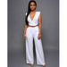Color-White-Women Clothing High Waist V neck Wide Leg Irregular Asymmetric One Piece Pant Belt Jumpsuit-Fancey Boutique