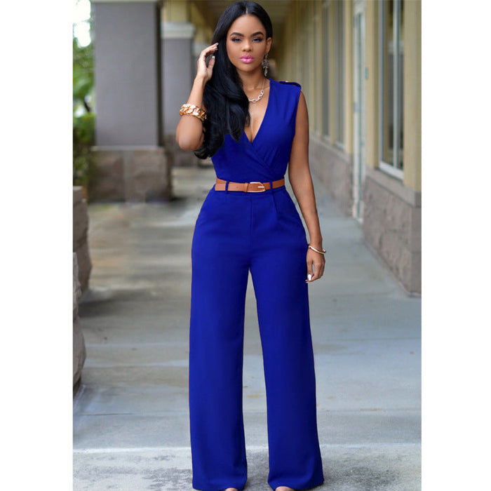 Color-royal blue-Women Clothing High Waist V neck Wide Leg Irregular Asymmetric One Piece Pant Belt Jumpsuit-Fancey Boutique