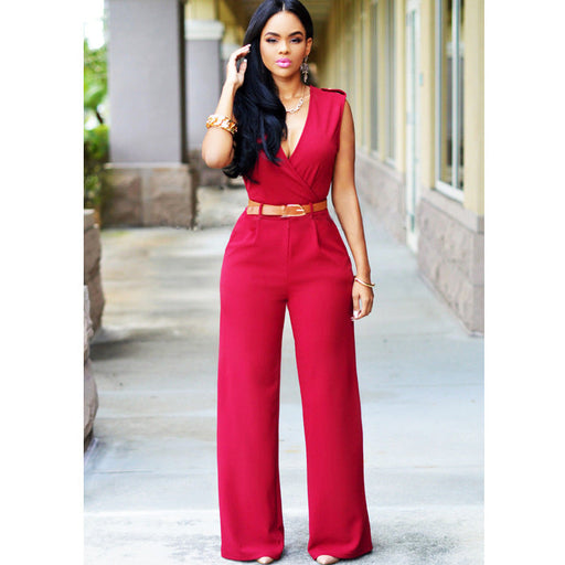 Color-Red-Women Clothing High Waist V neck Wide Leg Irregular Asymmetric One Piece Pant Belt Jumpsuit-Fancey Boutique