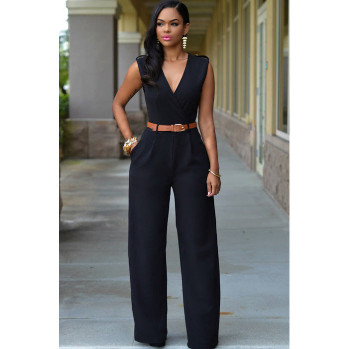 Color-Black-Women Clothing High Waist V neck Wide Leg Irregular Asymmetric One Piece Pant Belt Jumpsuit-Fancey Boutique