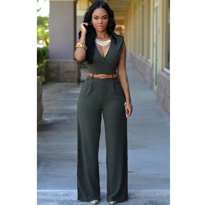 Color-blackish green-Women Clothing High Waist V neck Wide Leg Irregular Asymmetric One Piece Pant Belt Jumpsuit-Fancey Boutique