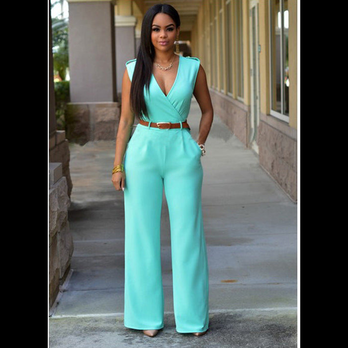 Color-Light Blue-Women Clothing High Waist V neck Wide Leg Irregular Asymmetric One Piece Pant Belt Jumpsuit-Fancey Boutique