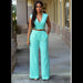 Color-Light Blue-Women Clothing High Waist V neck Wide Leg Irregular Asymmetric One Piece Pant Belt Jumpsuit-Fancey Boutique