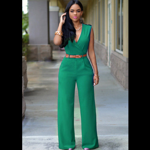Color-Green-Women Clothing High Waist V neck Wide Leg Irregular Asymmetric One Piece Pant Belt Jumpsuit-Fancey Boutique