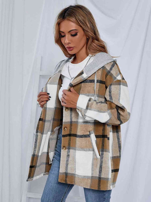 Color-Plaid Hooded Jacket with Pockets-Fancey Boutique