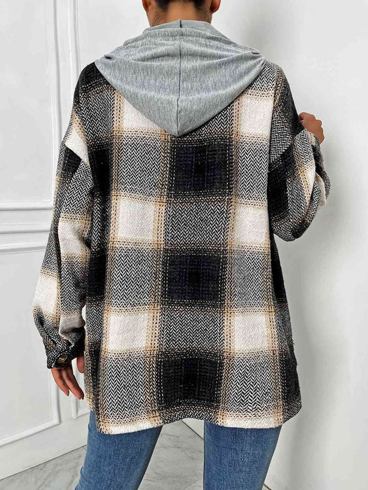 Color-Plaid Drawstring Hooded Jacket-Fancey Boutique