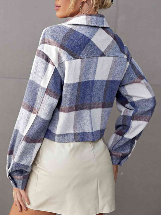 Color-Plaid Collared Neck Button Down Jacket-Fancey Boutique