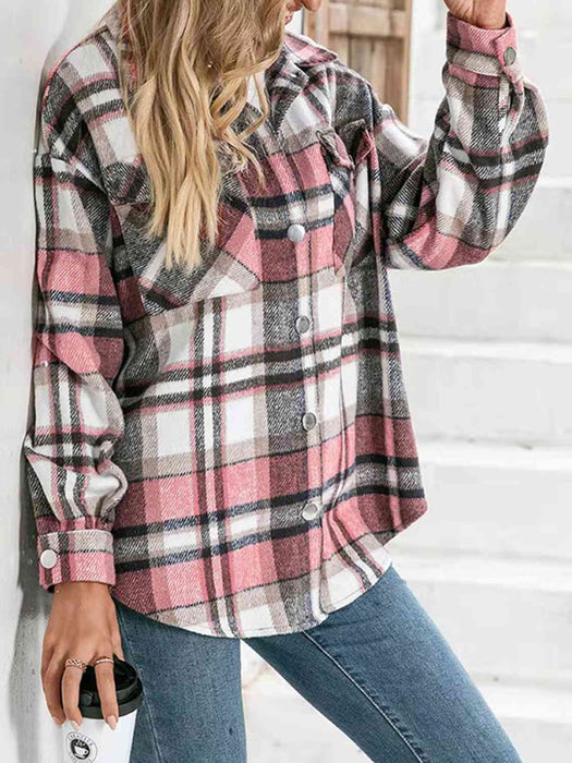 Color-Plaid Collared Neck Button Down Jacket-Fancey Boutique