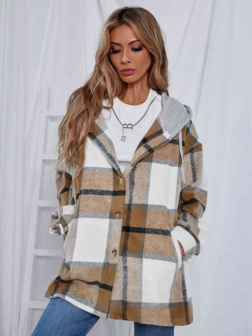 Color-S-Plaid Hooded Jacket with Pockets-Fancey Boutique