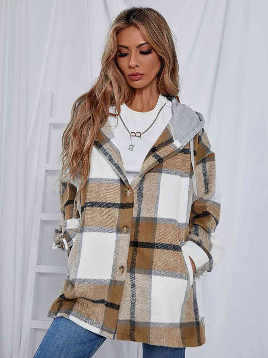 Color-S-Plaid Hooded Jacket with Pockets-Fancey Boutique