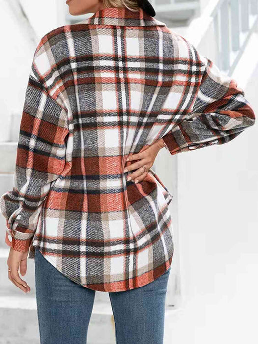 Color-Plaid Collared Neck Button Down Jacket-Fancey Boutique