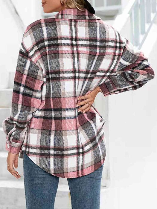 Color-Plaid Collared Neck Button Down Jacket-Fancey Boutique