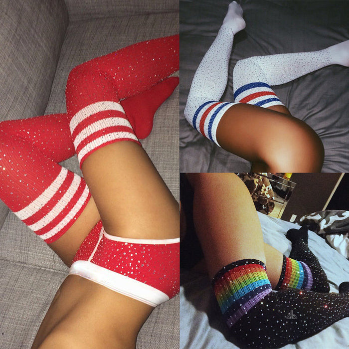 Color-Sexy Rhinestone Knee Socks Striped Women Stockings Rhinestone Socks High-Top Cotton Socks-Fancey Boutique