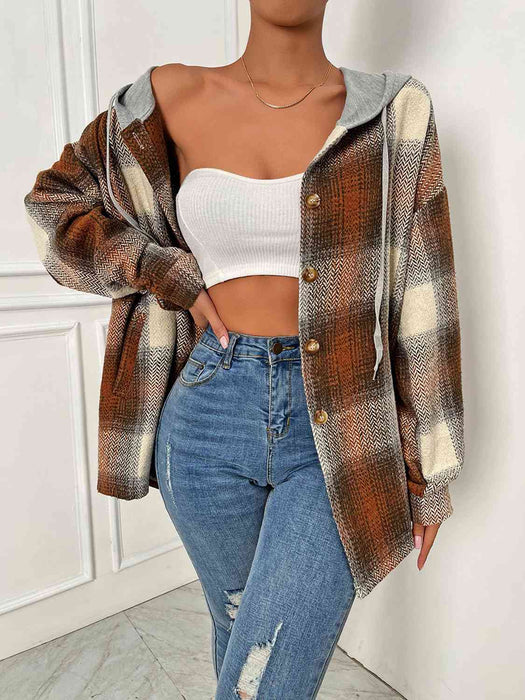 Color-Plaid Drawstring Hooded Jacket-Fancey Boutique