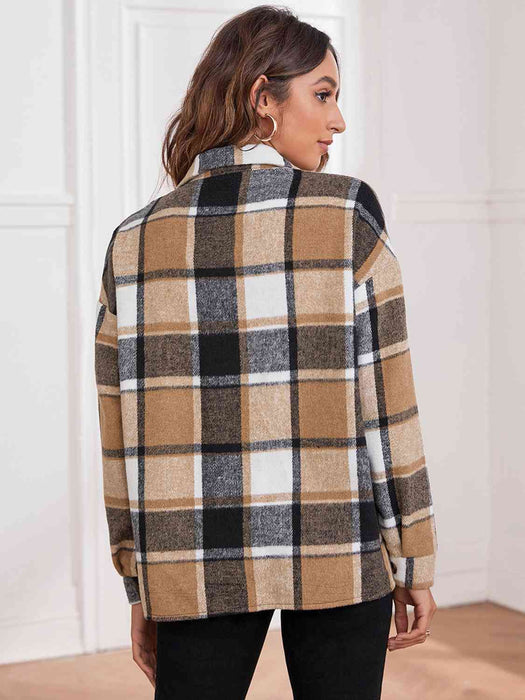 Color-Plaid Collared Neck Button Down Jacket-Fancey Boutique