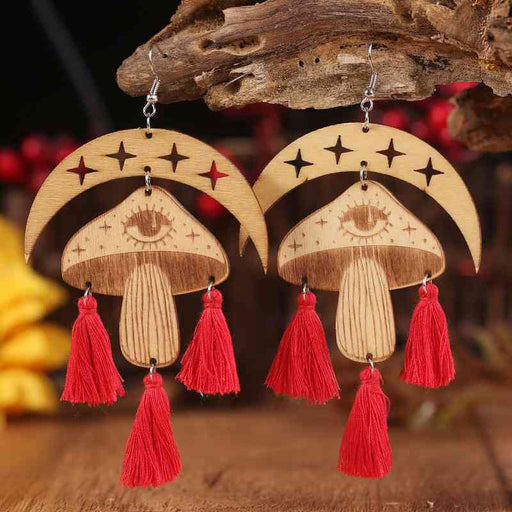 Color-One Size-Moon & Mushroom Tassel Detail Dangle Earrings-Fancey Boutique