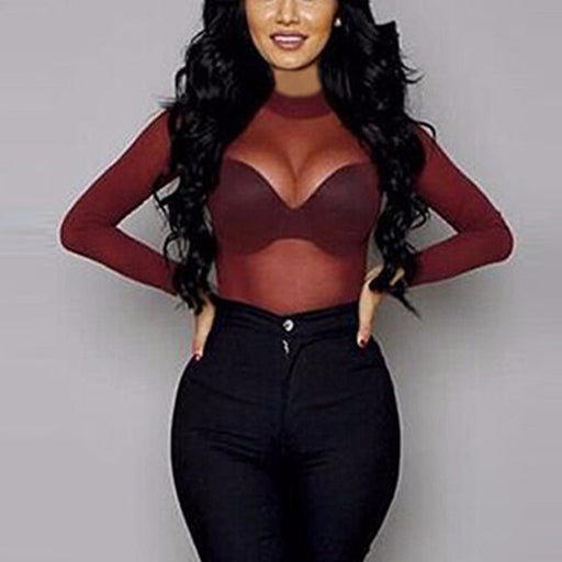 Color-Burgundy-Stretch Tight See-through Ultra Thin Sexy Mesh Bottoming Shirt Transparent Long-Sleeved T-shirt for Women-Fancey Boutique