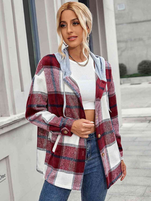 Color-S-Plaid Hooded Jacket with Pockets-Fancey Boutique