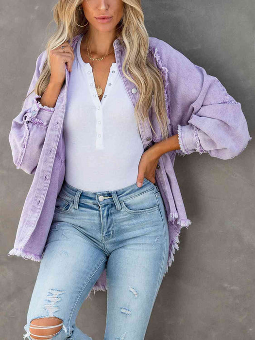 Color-S-Button Down Raw Hem Denim Jacket-Fancey Boutique