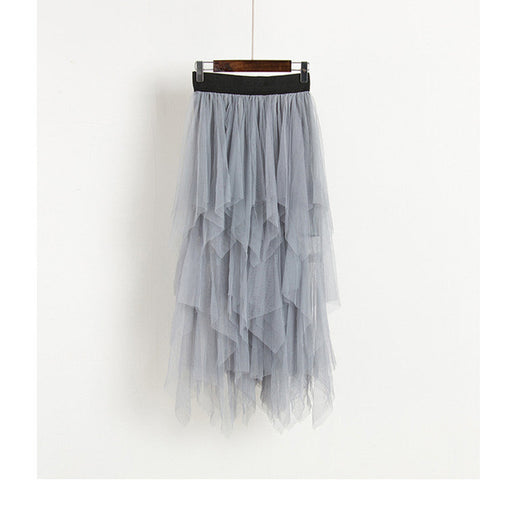 Color-Spring Autumn Irregular Asymmetric Bottom Stitching Puffy Mesh Skirt High Waist Mesh Skirt Fairy Tide Skirt-Fancey Boutique