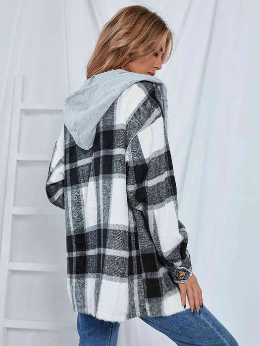 Color-Plaid Hooded Jacket with Pockets-Fancey Boutique