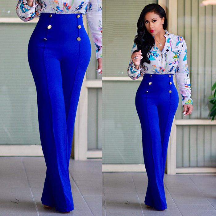 Color-Blue-Women Clothing Slim Fitting Cool Double Breasted Flared Pants Five Colors-Fancey Boutique