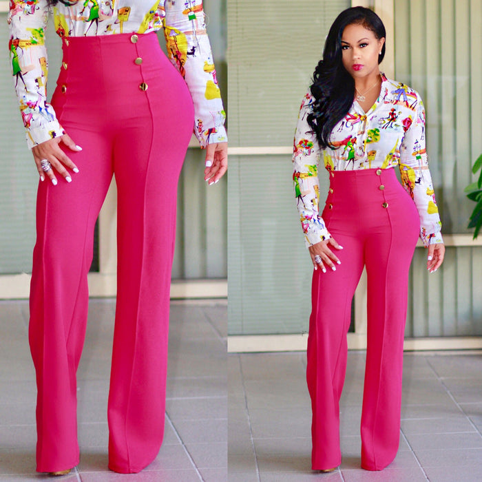 Color-Coral Red-Women Clothing Slim Fitting Cool Double Breasted Flared Pants Five Colors-Fancey Boutique