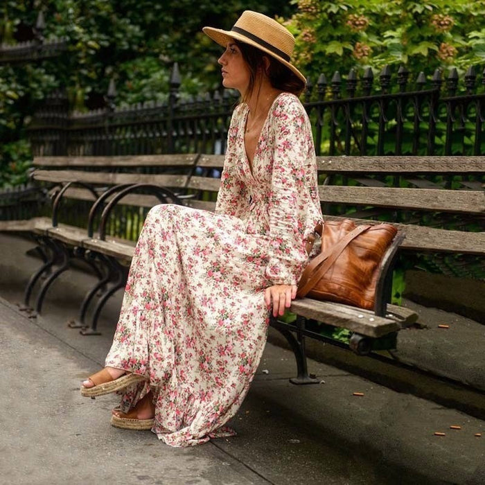 Color-Spring Printed Cotton Women Full-Length Dress Lantern Sleeve Large Swing Bohemian Dress Women Clothing-Fancey Boutique