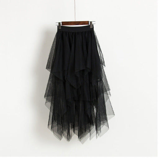 Color-Black-Spring Autumn Irregular Asymmetric Bottom Stitching Puffy Mesh Skirt High Waist Mesh Skirt Fairy Tide Skirt-Fancey Boutique