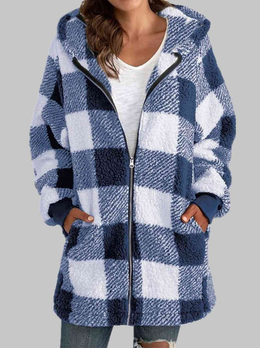 Color-S-Plaid Zip-Up Hooded Jacket with Pockets-Fancey Boutique