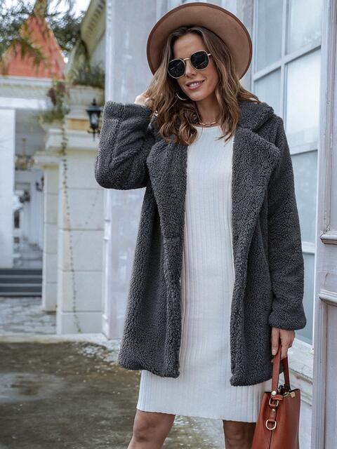 Color-Long Sleeve Teddy Coat with Pockets-Fancey Boutique