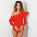 Color-off-Shoulder Ruffled Flounced Sleeve Solid Color Long Sleeve Casual Slimming Bodysuit for Women-Fancey Boutique
