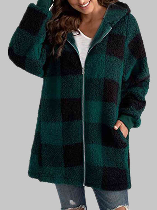 Color-S-Plaid Zip-Up Hooded Jacket with Pockets-Fancey Boutique