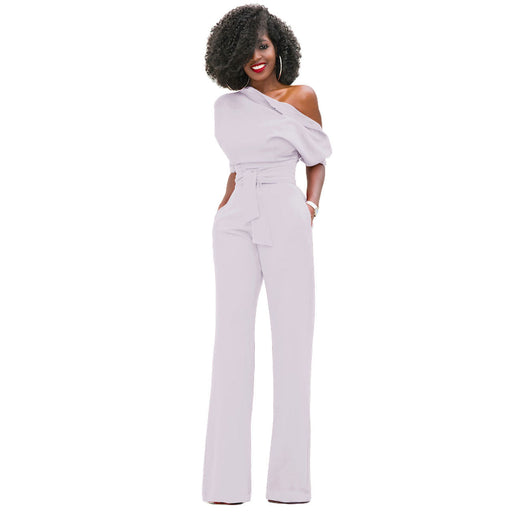 Color-White-New Classic Solid Color Diagonal Collar Button One Piece Wide Leg Jumpsuit-Fancey Boutique