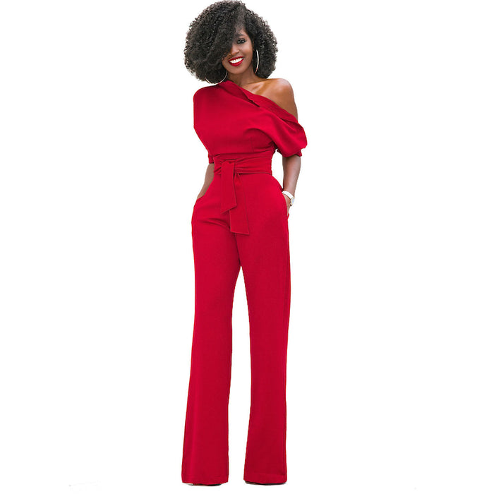 Color-Red-New Classic Solid Color Diagonal Collar Button One Piece Wide Leg Jumpsuit-Fancey Boutique