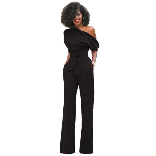 Color-Black-New Classic Solid Color Diagonal Collar Button One Piece Wide Leg Jumpsuit-Fancey Boutique