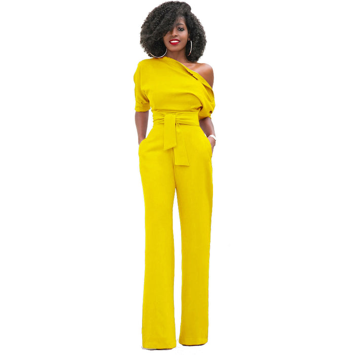Color-Yellow-New Classic Solid Color Diagonal Collar Button One Piece Wide Leg Jumpsuit-Fancey Boutique