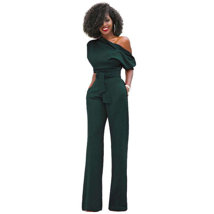 Color-Army Green-New Classic Solid Color Diagonal Collar Button One Piece Wide Leg Jumpsuit-Fancey Boutique