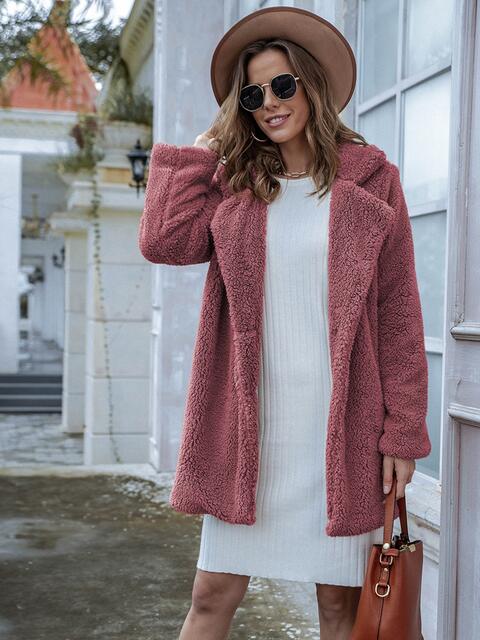 Color-Long Sleeve Teddy Coat with Pockets-Fancey Boutique