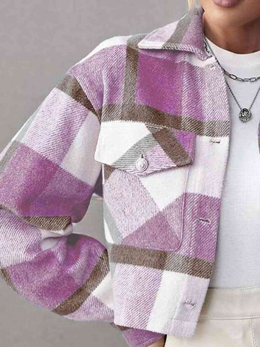 Color-Plaid Collared Neck Button Down Jacket-Fancey Boutique